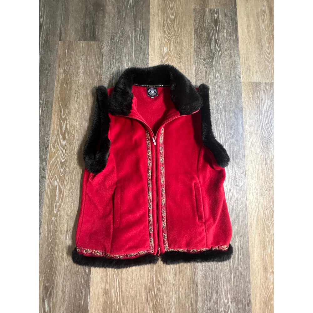 Carolyn Taylor Fleece Vest Women Large Red Excellent Faux Fur Trim Embroidered